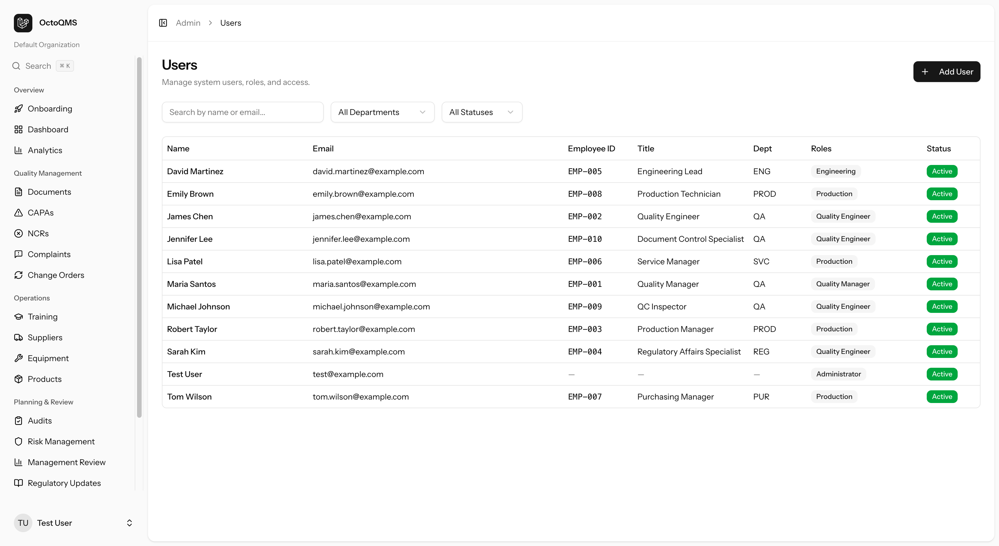 OctoQMS admin user management