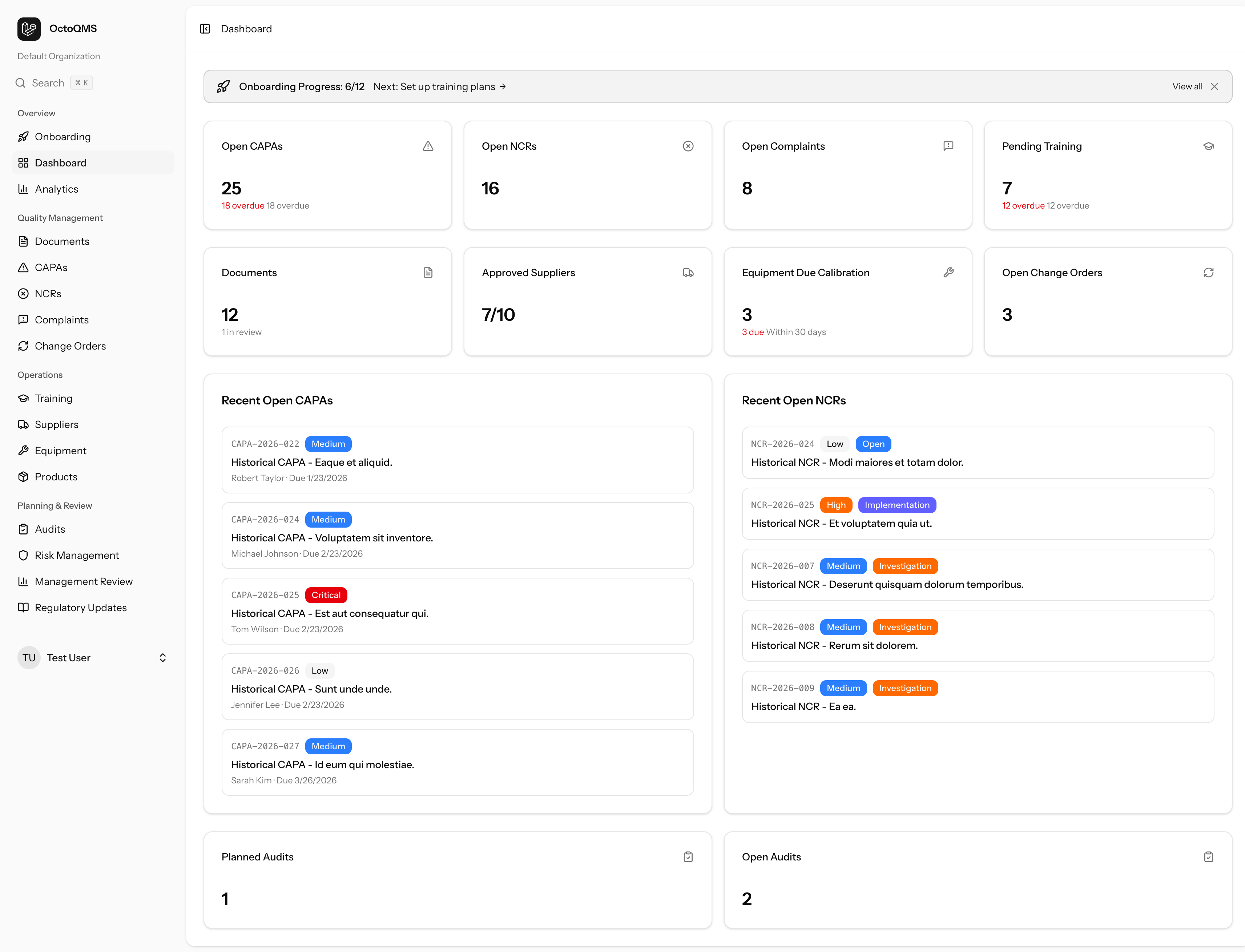 OctoQMS Dashboard showing real-time quality metrics