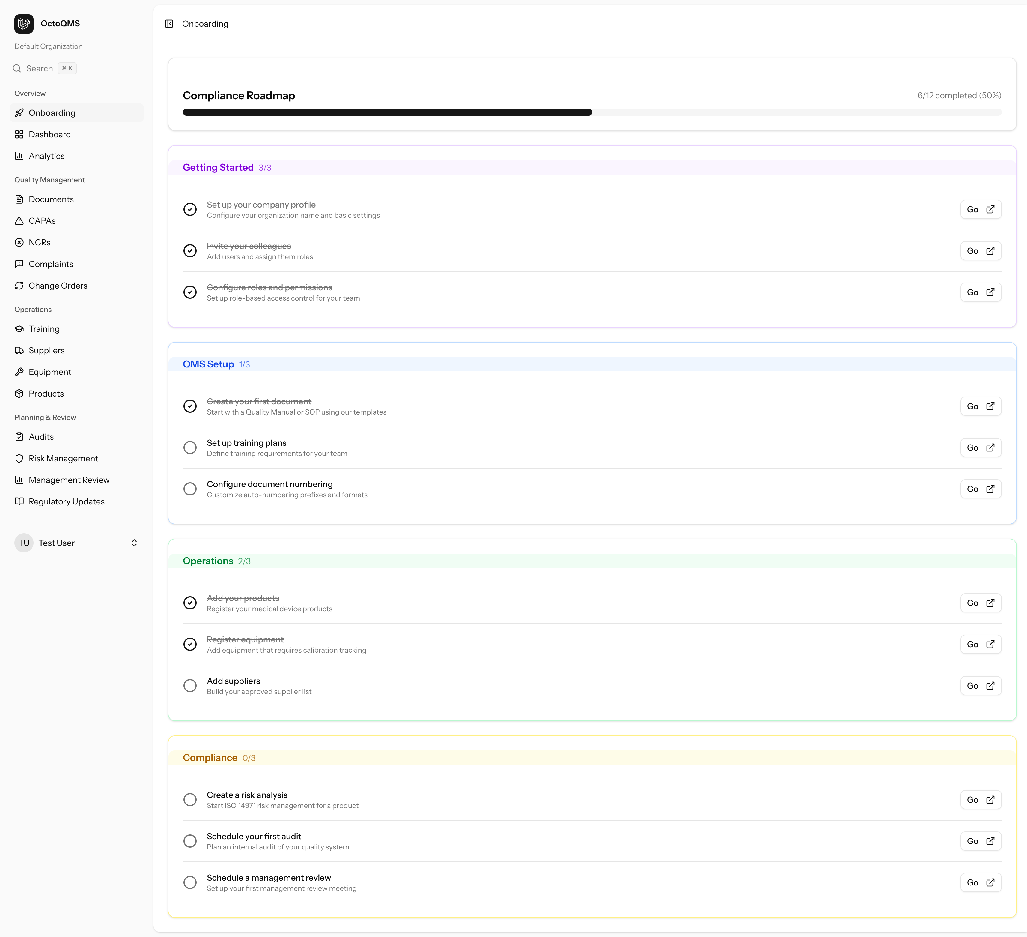 OctoQMS 12-step onboarding compliance roadmap