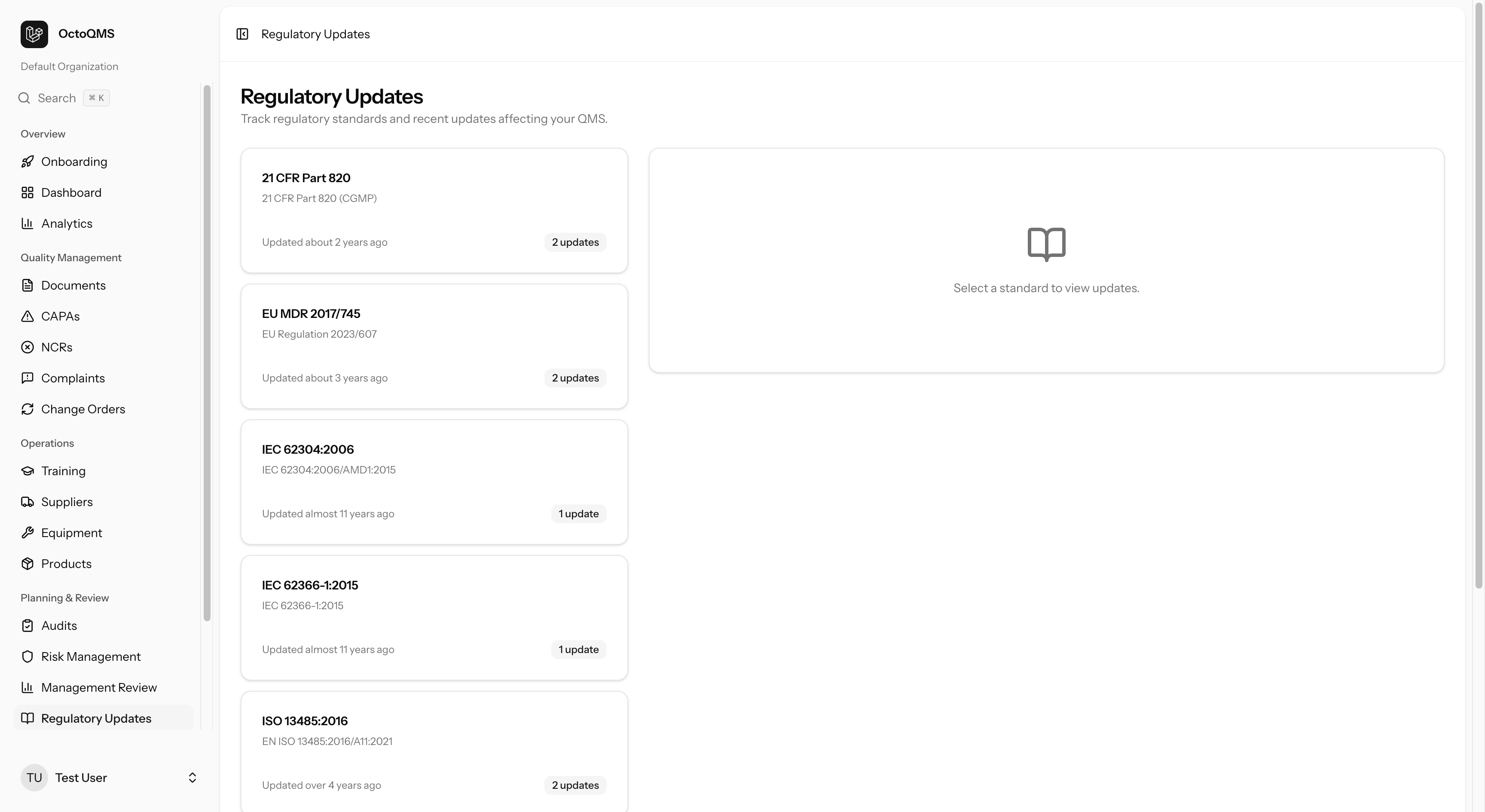 OctoQMS regulatory standards tracking
