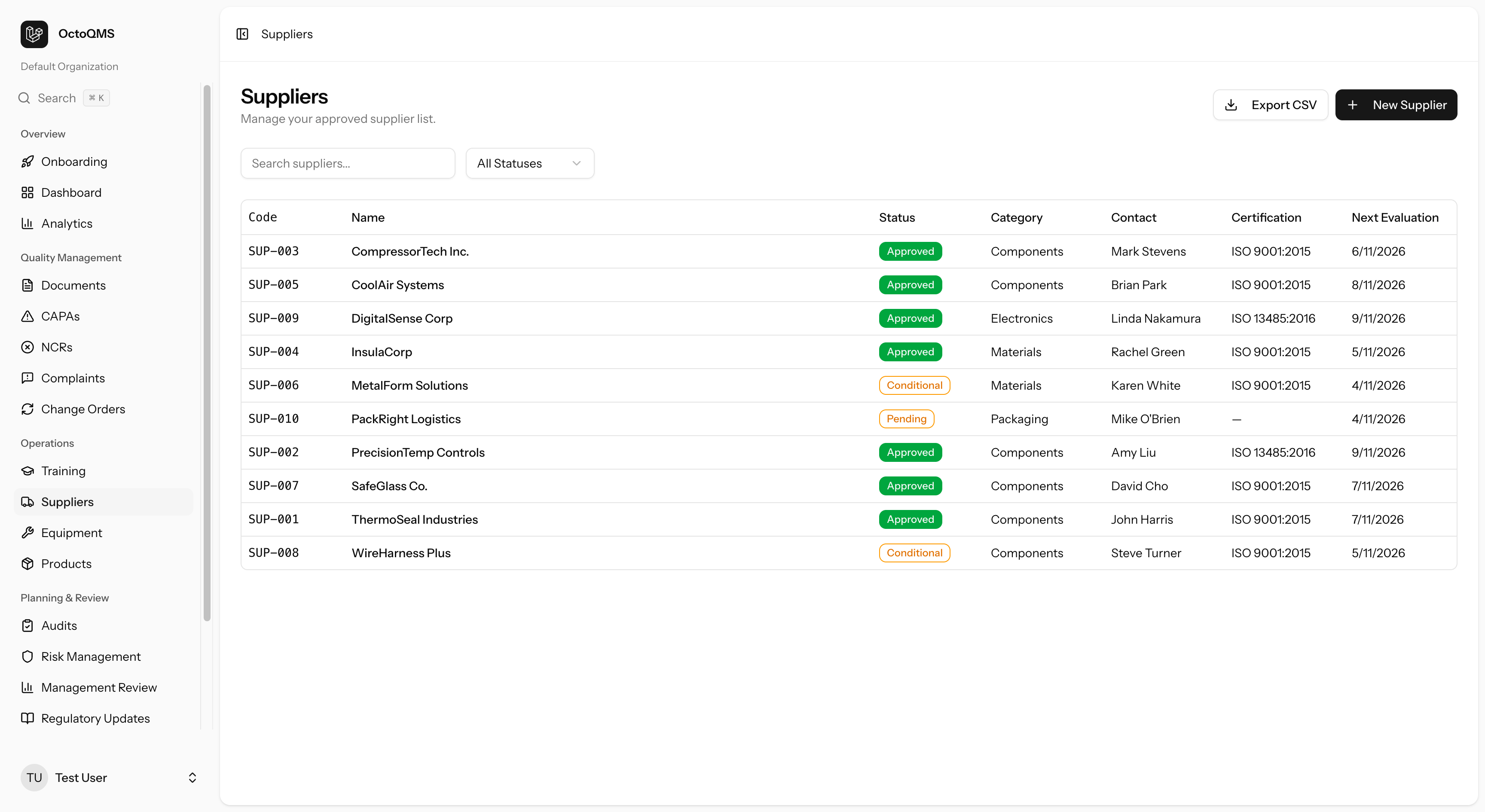 OctoQMS approved supplier list