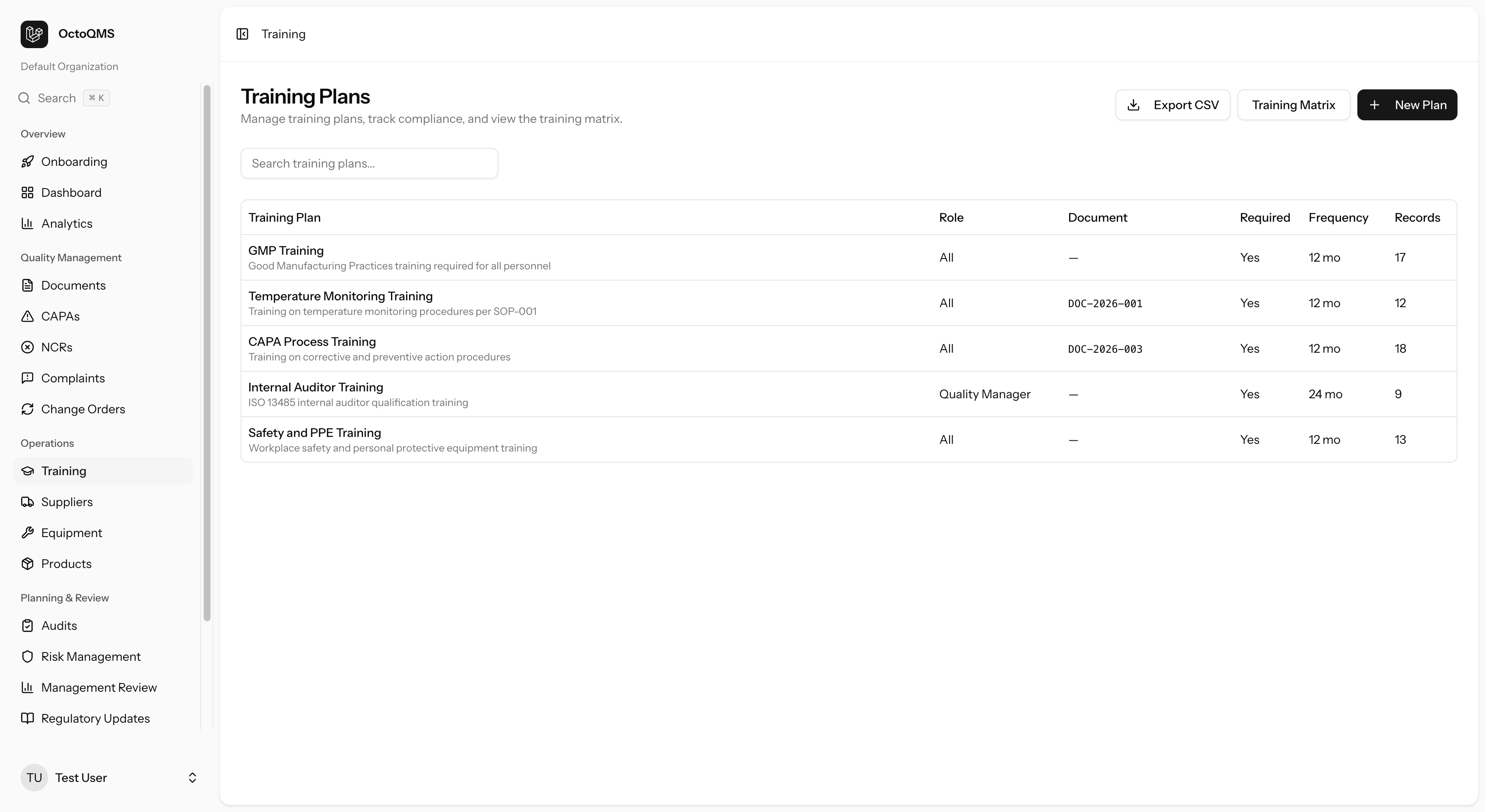 OctoQMS training plans management